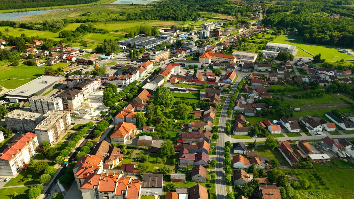 Aerial view of Garešnica, Croatia showcasing its vibrant landscape and architecture in summer.